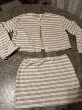 Missguided Beige and White Striped Knit Cardigan + Skirt Set